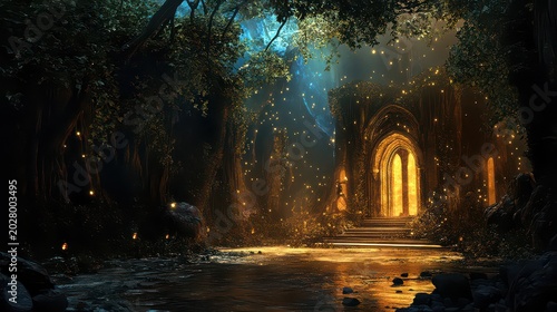 Mystical forest scene with glowing magical lighting and ancient archway at night