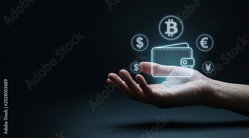 Hand Holding Glowing Digital Wallet Icon with Global Currency Symbols