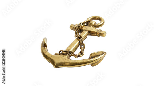 Golden Brass Anchor With Chain Isolated On White Background