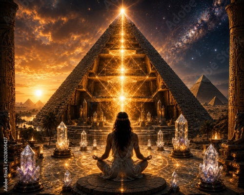 Mystical pyramid channeling cosmic energy through sacred geometry. AI-generated.