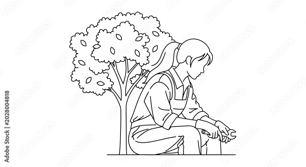 Obraz premium Young woman mechanic sitting under a tree, resting and holding a wrench