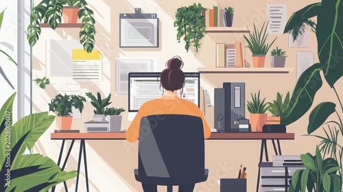 Freelance designer working from home office with computer and creative workspace