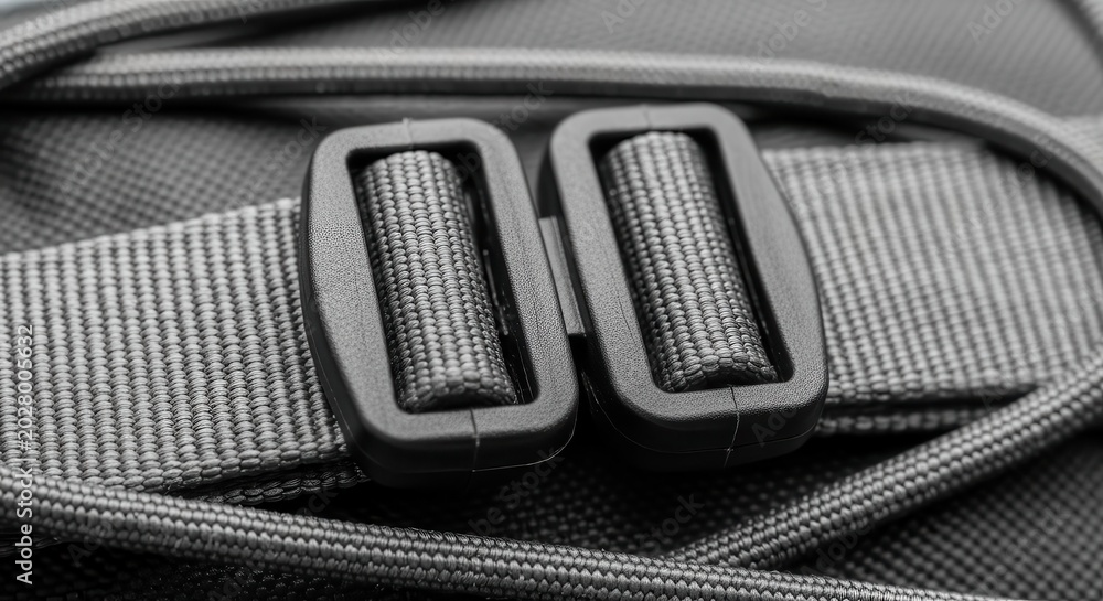 Obraz premium Detailed View of Adjustable Plastic Buckle and Durable Woven Nylon Strap on Outdoor Equipment