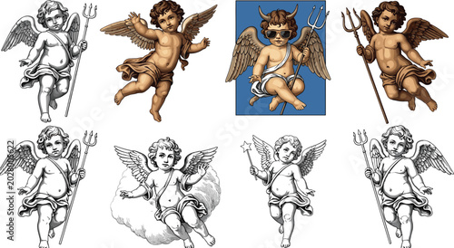 Fotografia Vintage cupid angel illustration set featuring winged cherubs with arrows, tride
