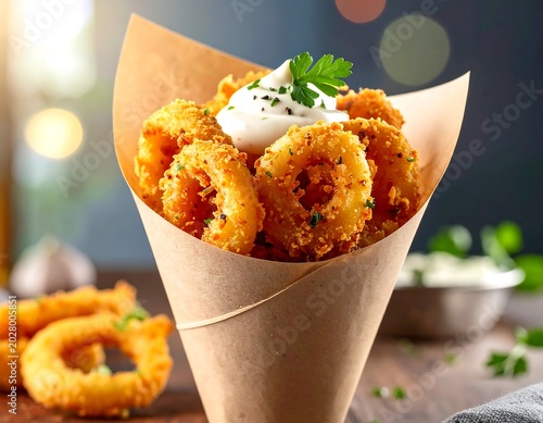 Crispy Golden Fried Calamari Served in Paper Cone on Rustic Table