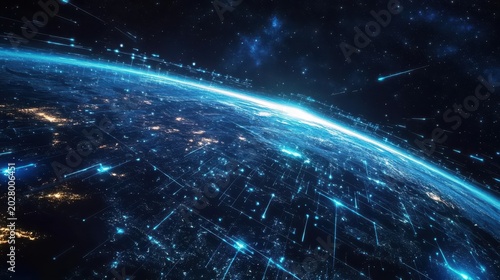 Futuristic Earth from Space with Holographic 6G Communication Waves in Deep Space Scene