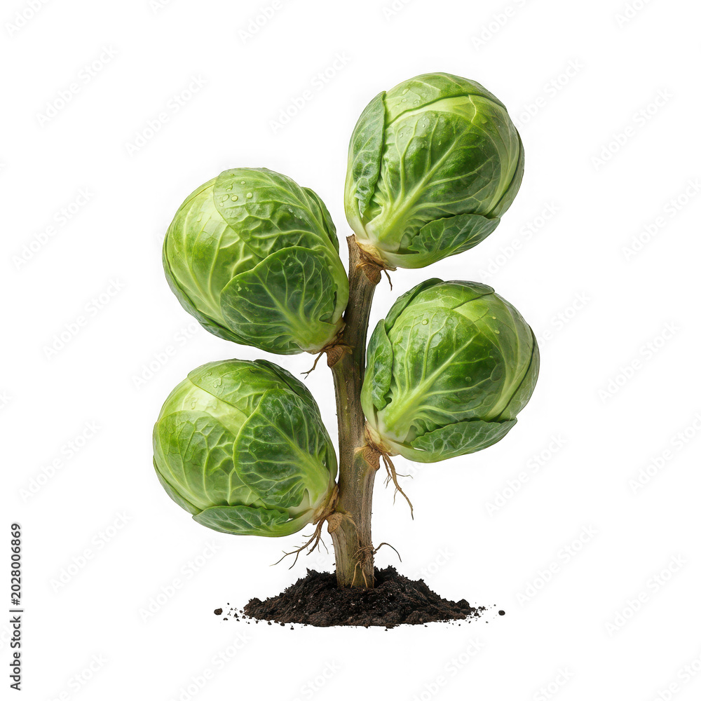 Fototapeta premium Fresh green Brussels sprouts growing on a small plant with soil isolated on white background