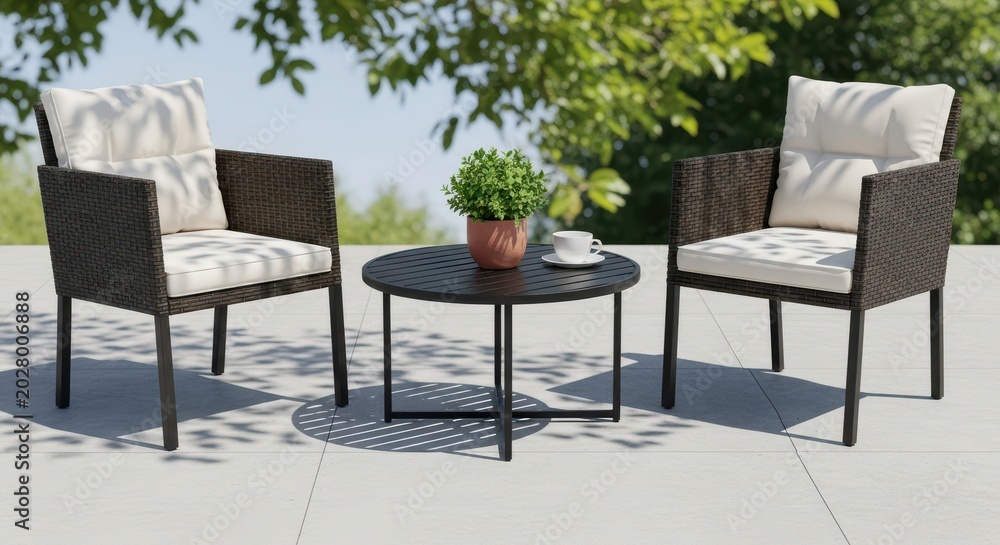 Fototapeta premium Modern outdoor wicker furniture set with a small round table and potted plant