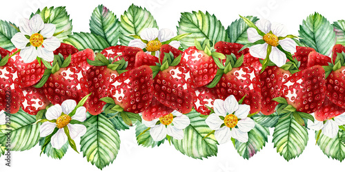 Watercolor seamless strawberry border with berries leaves and blossoms
