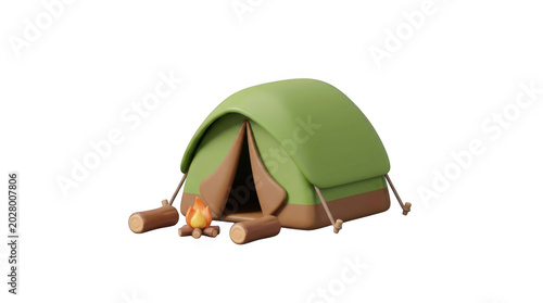 3d Cartoon Camping Tent With Campfire On White Background