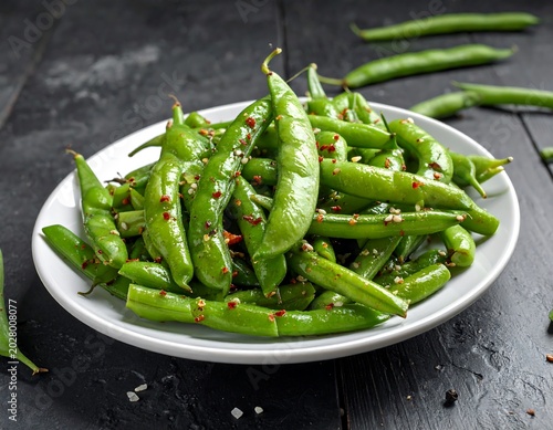 Fresh Green Sugar Snap Peas Seasoned on White Plate on Dark Wooden Table