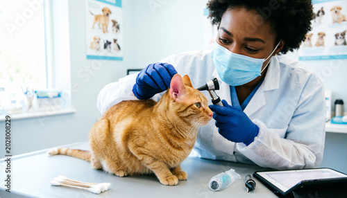 Examination of the ears of a domestic cat by a veterinarian (African-American) in a clinic, professional treatment of animals, caring treatment of animals, trusting relationships, veterinary care of a