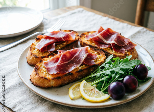 breakfast with bruschetta and ham