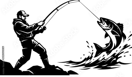 Canvas-taulu Fisherman battling giant fish black silhouette vector illustration isolated on w