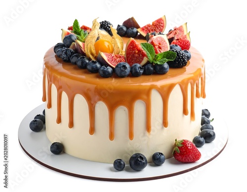 Elegant Caramel Drip Cake Topped with Fresh Berries and Fig on White Background