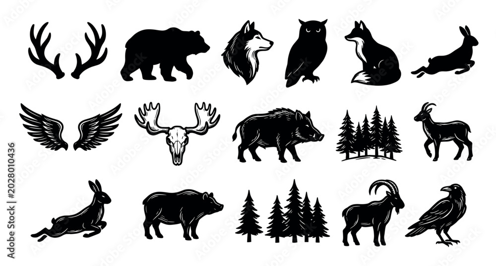 Fototapeta premium Collection of various black silhouette wild animals and nature elements, including deer antlers, a bear, wolf, owl, fox, rabbit, boar, moose skull, goat, crow, and pine trees, isolated on a