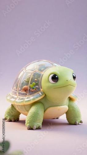 Cute Cartoon Turtle Character with a Transparent Terrarium Shell containing Tiny Plants