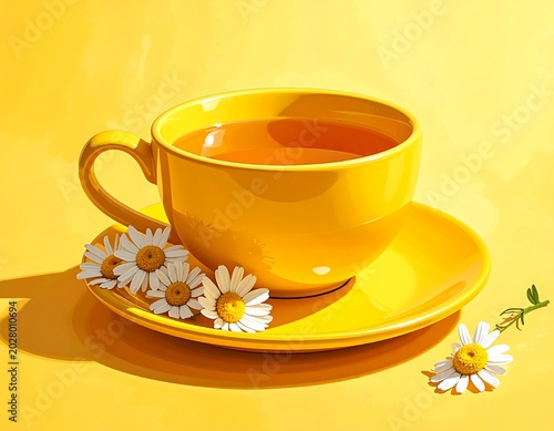 Bright Yellow Tea Cup with Chamomile Flowers on Sunny Yellow Surface