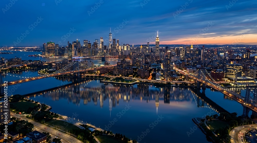 Obraz premium Aerial city skyline at twilight reflecting on water with twilight, reflection