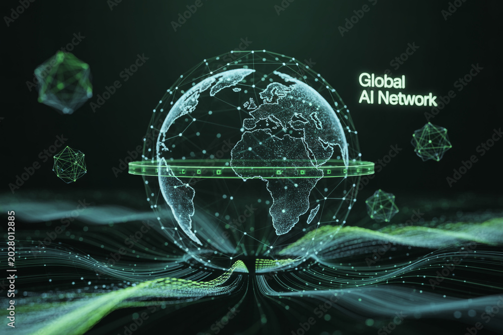 Obraz premium Global AI Network concept with digital earth globe, futuristic green wireframe data visualization, artificial intelligence connectivity technology