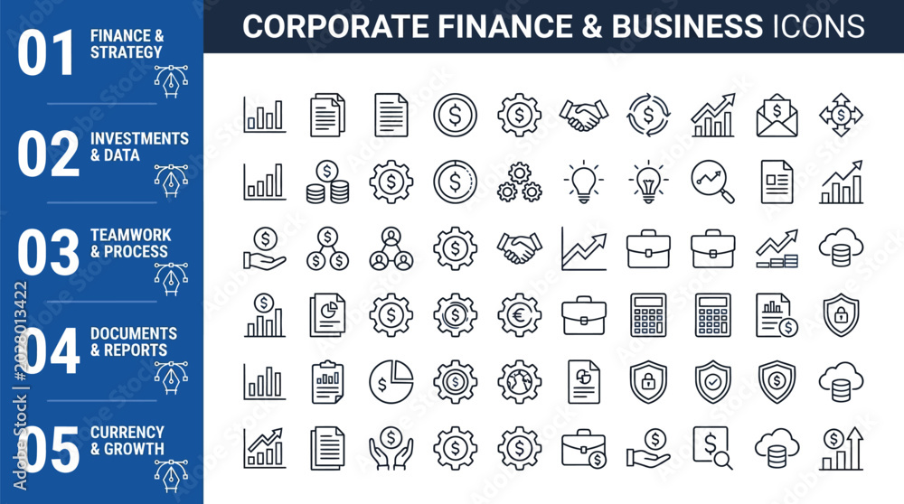 Fototapeta premium Corporate finance and business icons provide a structured guide for financial data, investment strategies, and organizational teamwork processes.