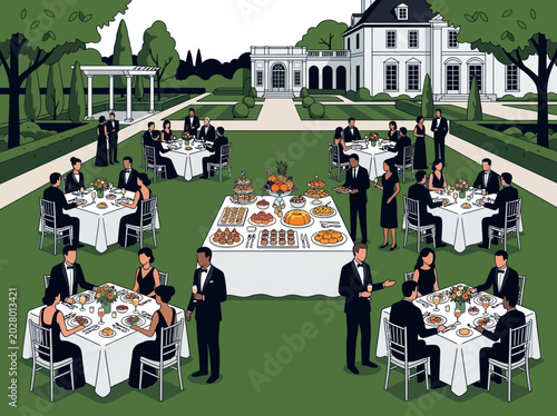 Elegant Outdoor Garden Party Gala at Luxury Estate Mansion with Formal Banquet Dining Illustration