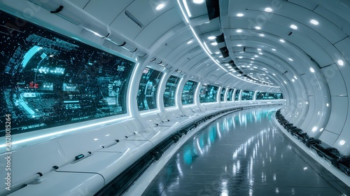 space station interior with panoramic window, bright modern design, advanced technology environment