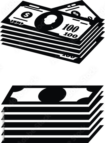 Fotografie Black and white money stack vector icons, dollar bill currency bundles with 100