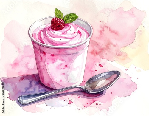 Pink Raspberry Yogurt Dessert Topped with Mint in Clear Cup on Watercolor Background