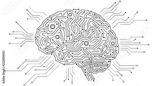 AI brain circuit board outline illustration showing neural pathways and microchip architecture for machine learning and technology design