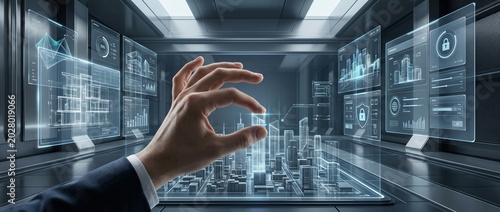 Businessman's hand holding miniature city hologram in futuristic control room with data displays