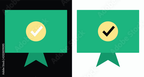 Tableau sur toile Green bookmark icon with checkmate on light and dark backgrounds