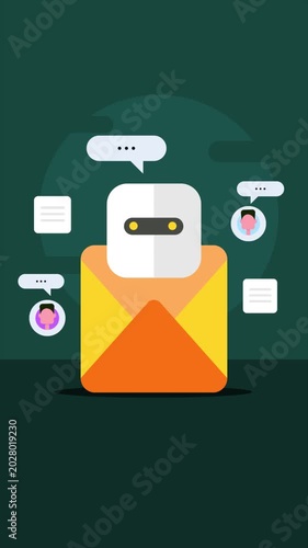 Email messaging automation, robot delivering notification, reply and communication across user network, visualization.
