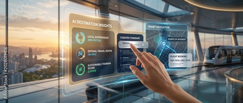 Hand interacting with futuristic AI destination insights screen during sunset with city view