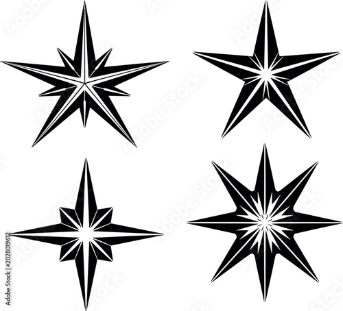 Sharp Black Multi Pointed Star Icon Set with Four Stylized Variations for Logo Design, Branding, Tattoo, Badge and Graphic Projects