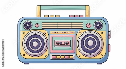 Colorful retro boombox with cassette tape