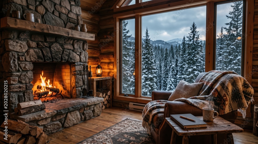 Fototapeta premium Cozy armchair beside lit fireplace in snowy cabin lodge