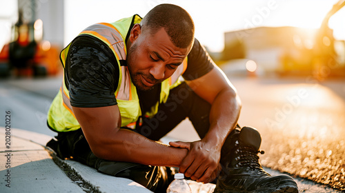 Exhausted road worker in safety vest collapses on hot pavement sweating heavily at sunset, with water bottle nearby. Dangerous heatstroke risk during outdoor physical labor in summer.