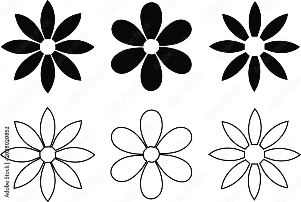 Fototapeta premium Elegant collection of six minimalist floral icons featuring solid black silhouettes and thin outlines for clean graphic design. isolated on transparent background.