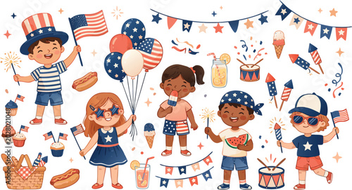 Children celebrating independence day with patriotic decorations and american flags
