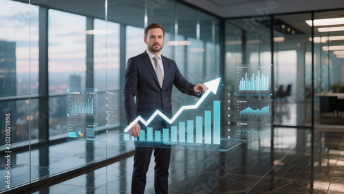 Businessman interacting with financial growth charts hologram in modern office