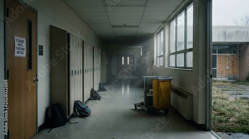Abandoned school hallway with lockers and dusty floor.