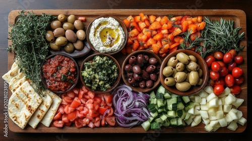 Mezze Platter With Olives Hummus And Fresh Vegetables On A Wooden Board Overhead Shot