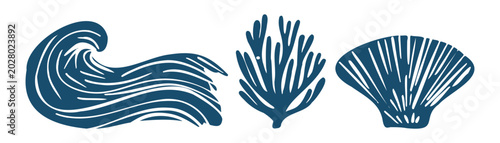 Foto Wave, coral and scallop shell vector trio — minimal linocut silhouettes in woodc