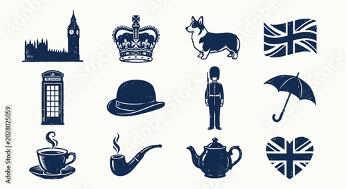 фотографія british icons set silhouette style on a light background