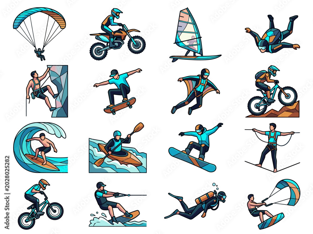 Fototapeta premium Extreme Sports and Adventure Activity Illustration Set Featuring Surfing, Rock Climbing, Skydiving, Mountain Biking, and Water Sports Icons