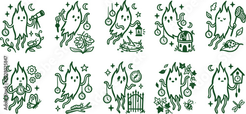 Bild auf Leinwand Floating Flame Ghost Doodle Icon Sheet Vector Illustration Haunted Garden Observ