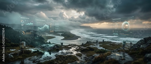 Futuristic coastal landscape with data overlays and a river flowing into the sea during stormy weather