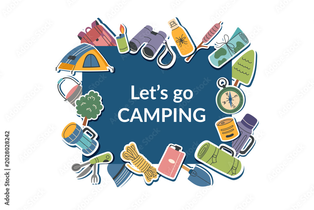 Naklejka premium Camping banner with travel objects and copy space3. The concept of travel, camping, hiking and outdoor recreation. Vector flat template.