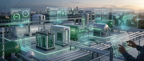 Industrial plant with futuristic digital displays showing data analytics and world map during sunset